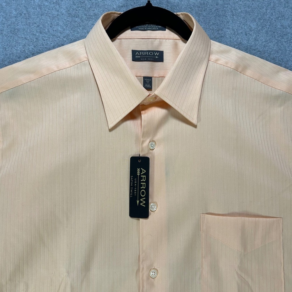 Arrow Dress Shirt Satin Twill Men 17 36-37 Peach‎ Business Formal Classic